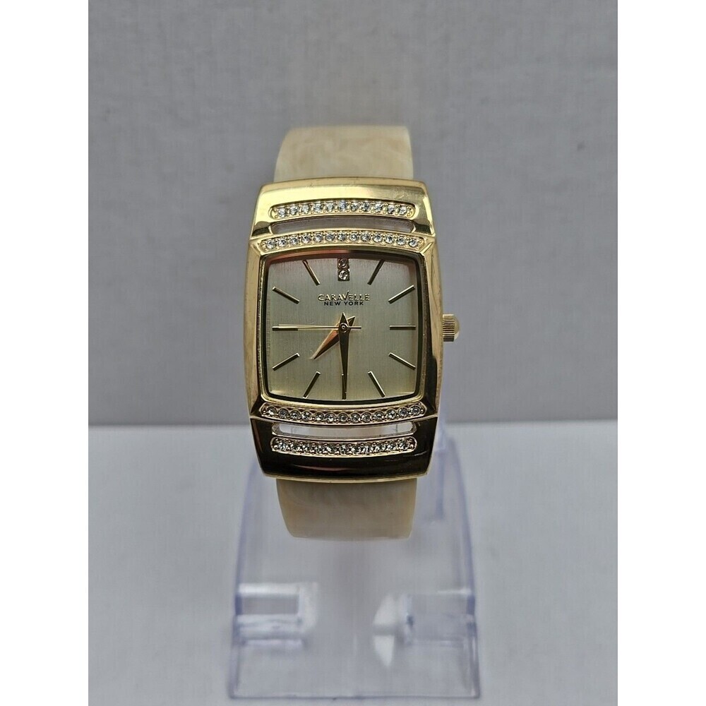 Caravelle by Bulova Crystal Bangle Watch Champagne Dial New Battery Quartz